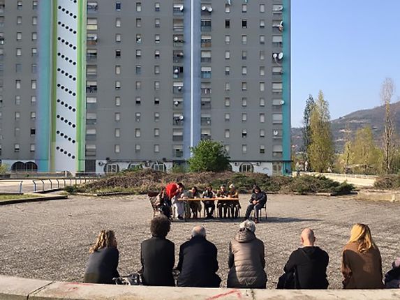 . Rehearsal for the show D.IO o dell’inferno quotidiano (D.IO or everyday hell) at the foot of the Cimabue Tower. &copy;Photo: Adriano Treccani