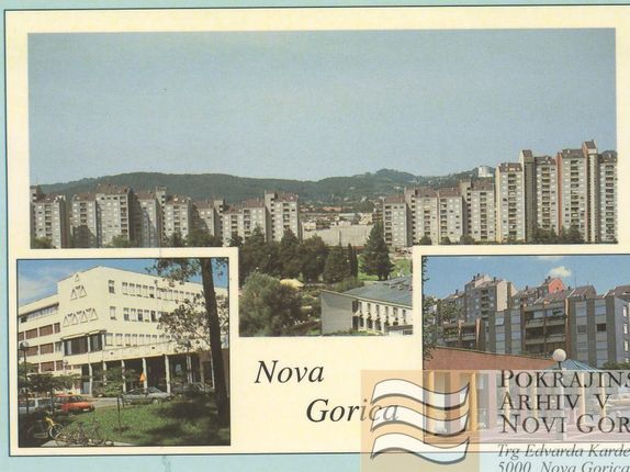 . Razglednica ulice Gradnikove brigade, odposlana leta 1994. &copy;hrani Pokrajinski arhiv v Novi Gorici - PANG 667 Zbirke razglednic krajev Nova Gorica, št. 286