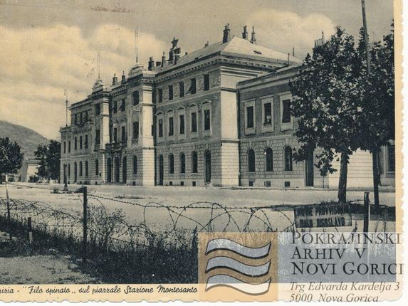 . The railway station shortly after the border demarcation in 1947 &copy;Postcard from the collection of Regional Archive in Nova Gorica (Pokrajinski arhiv v Novi Gorici).  PANG 0667 Nova Gorica: železniška postaja, meja [razglednica]