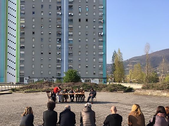 . Rehearsal for the show D.IO o dell’inferno quotidiano (D.IO or everyday hell) at the foot of the Cimabue Tower. &copy;Photo: Adriano Treccani